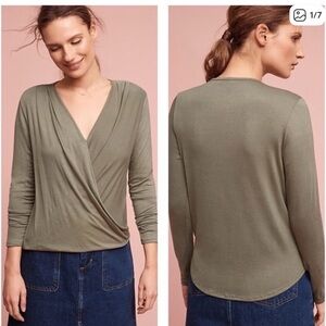 Anthropologie On The Road Marceau Wrap Top olive green twist front long sleeve